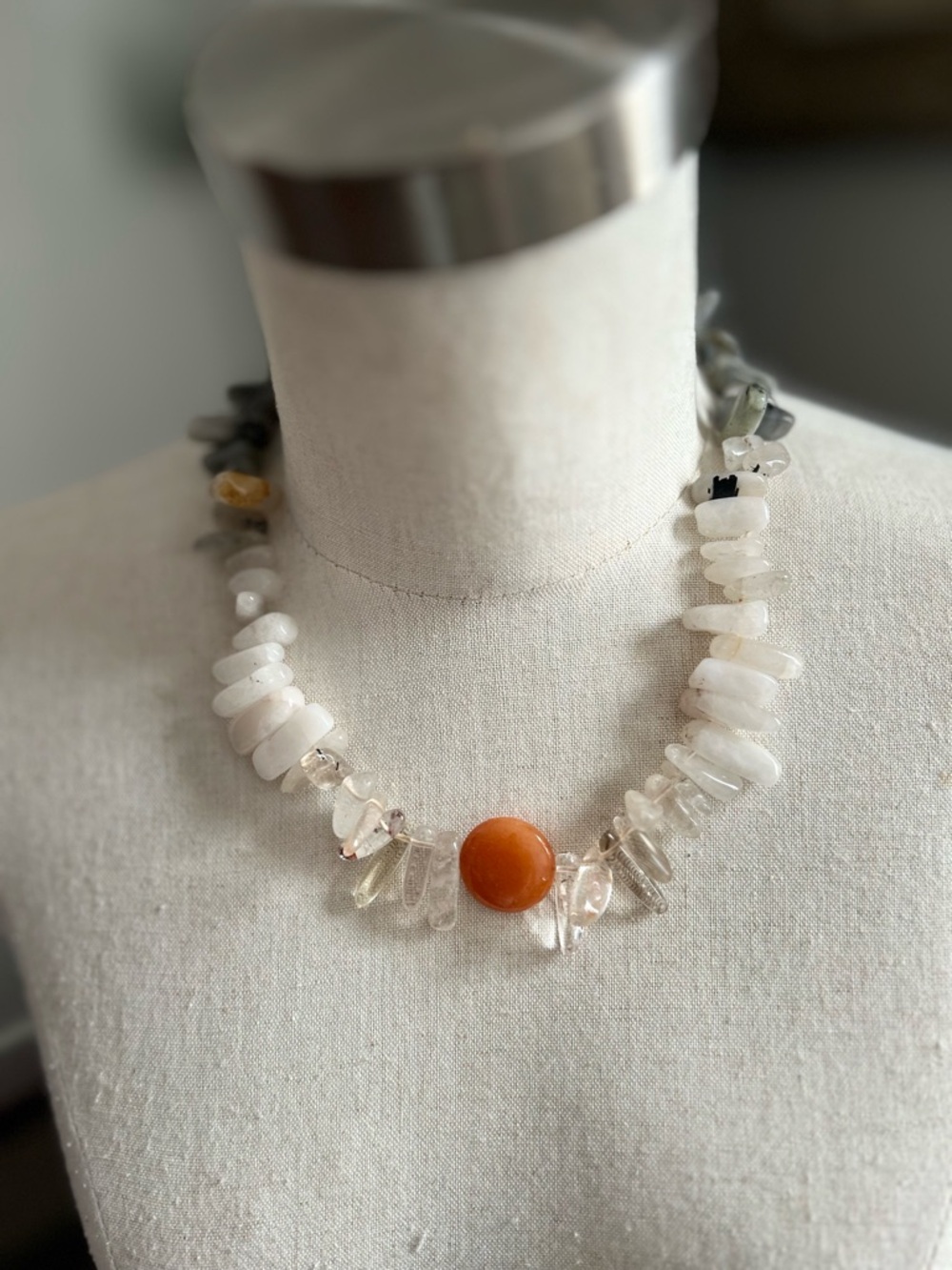 White Crystal Chip Necklace with Orange Center Accent
